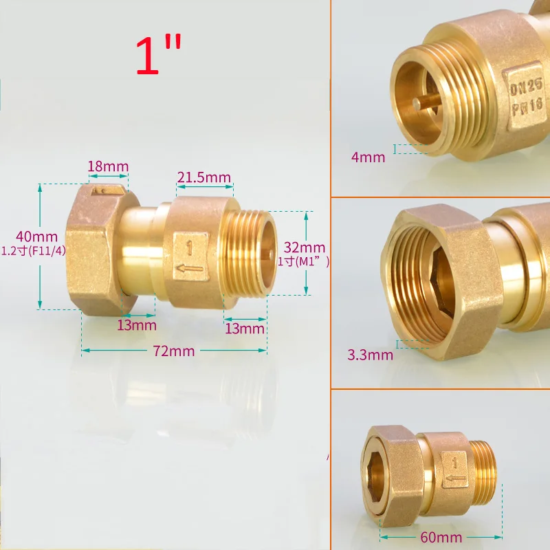 Válvula de retención de latón macho a hembra para medidor de agua, 1/2 ", 3/4", 1 ", BSP