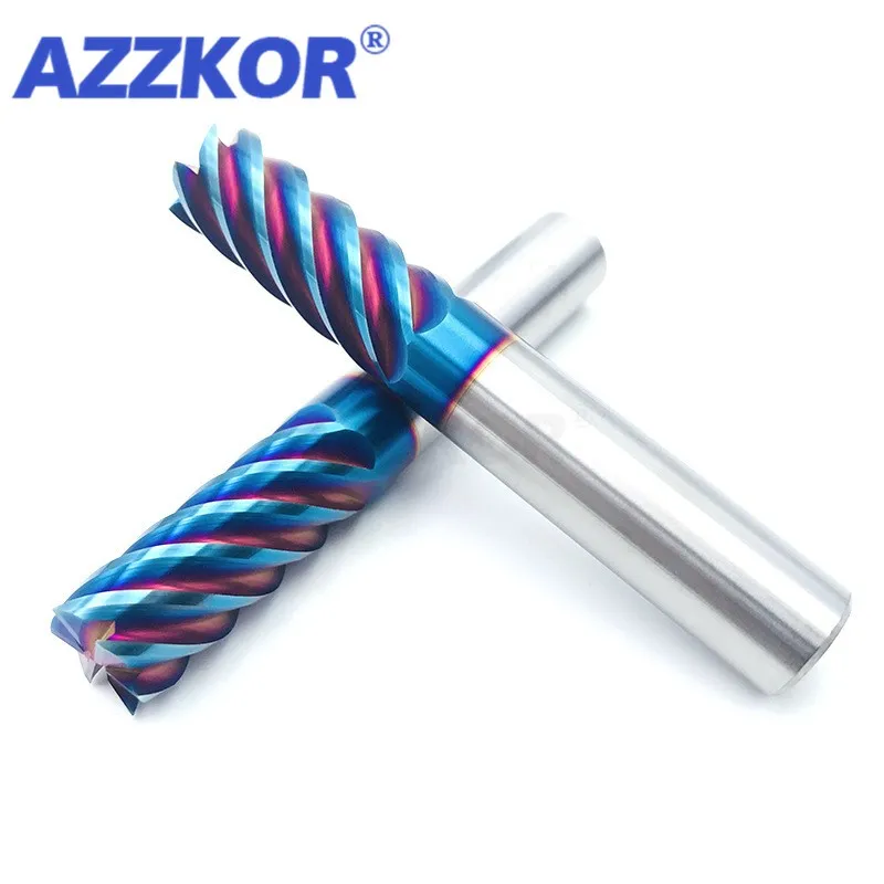 AZZKOR HRC70 6-Flute Tungsten Steel Carbide Blue Nano Coating Flate Milling Cutter CNC Machine Machining Endmill Tools