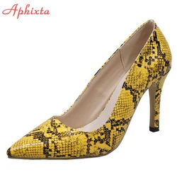 Aphixta 2022 New 9cm 10cm Thin Heels Shoes Women Pumps Pointed Toe Yellow Snake Prints Party Leisure Super Big Szie 45 46