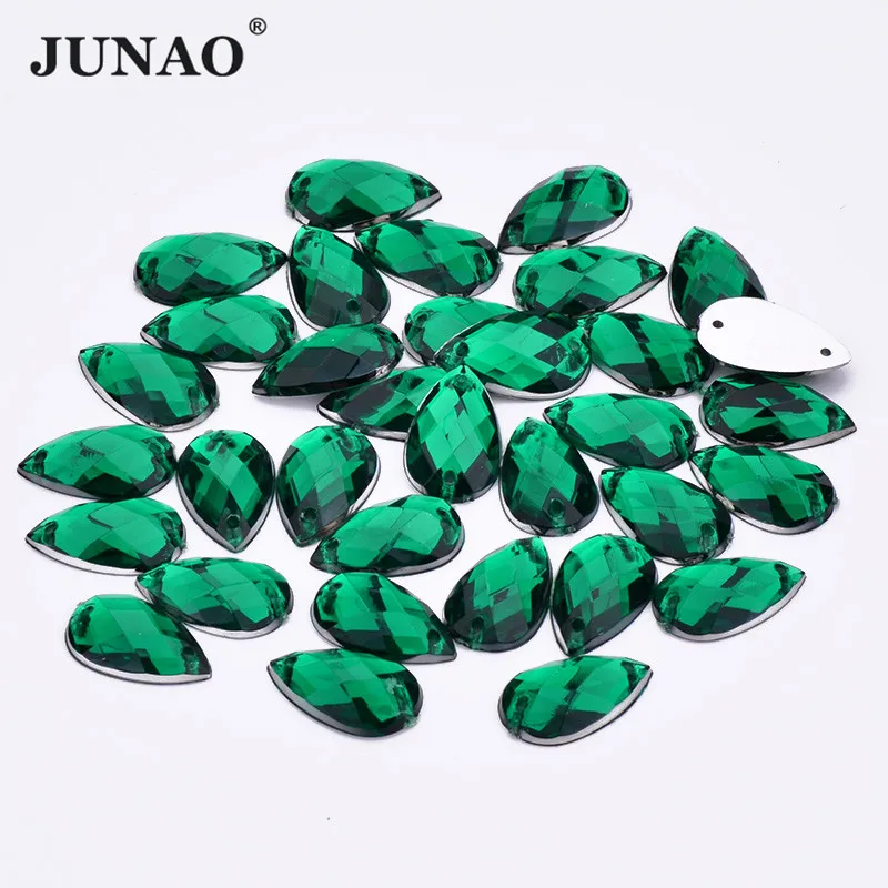 JUNAO 8*13mm 18*25mm Dark Green Sewing Teardrop Rhinestone Flatback Strass Crystal for Needlework Clothes Crafts