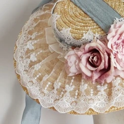 Lolita Flat Top Hat Ruffle Lace Headwear Elegant Flower Straw Hat with Chin Strap Tea Party Anime Hair Accessoriess F3MD