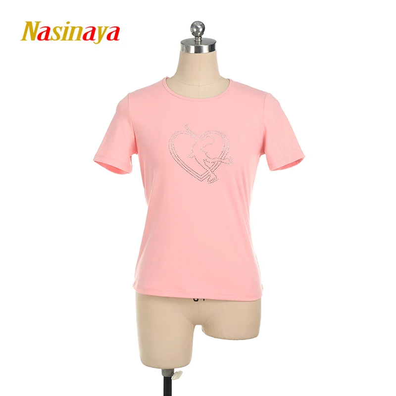 

Women's Training Competition Customized Figure Skating T-shirt Patinaje Rhythmic Gymnastics Round Neck Short Sleeve Pink Top