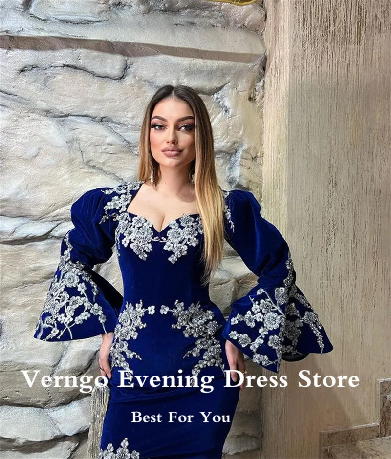 Verngo-Robe de Soirée en Velours Bleu Royal pour Femme, Tenue de Bal Formelle, Manches sulf, Sirène, Fente Latérale, Dubaï, Caftan