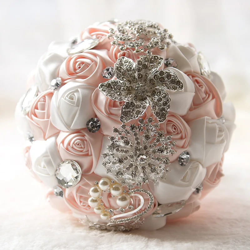 

Coral and white Brooch Diamond Bridal Wedding Bouquets Bridal Crystal Silk Flowers Bridal Bouquets de noiva Factory Custom