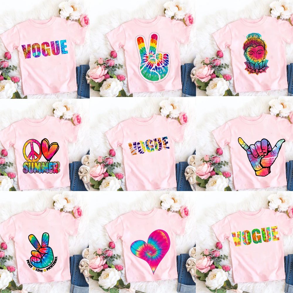 Summer New Style Girls Clothes Fashion Tie Dye Kits For Kids Painting Popular Boys T Shirts Simple Kids Top Pink Cute Round Neck