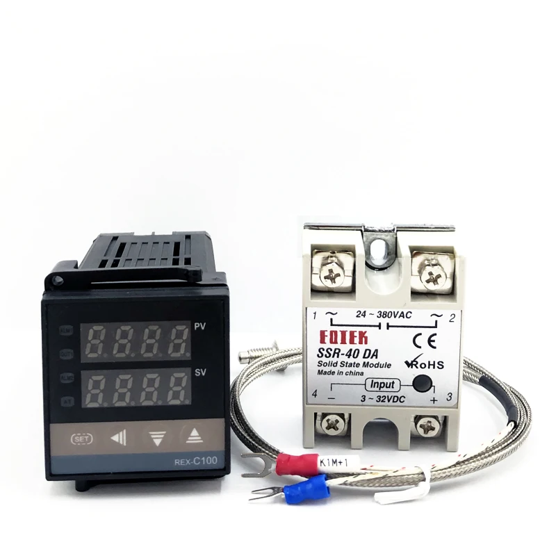 REX-C100 Digital  Thermostat PID Temperature Controller SSR output + Max.40A SSR Relay + K Thermocouple Probe heat sink 0-1300C