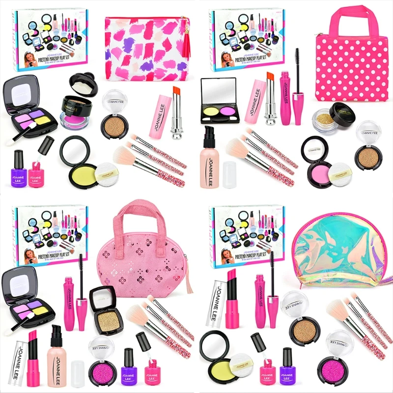 

Girls Make Up Toy Set Pretend Play Princess Pink Makeup Beauty Safety Non-toxic Kit Toys for Girls Dressing Cosmetic Travel Bag