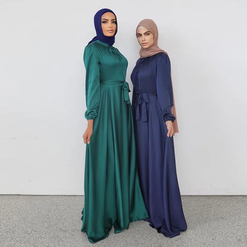 

Caftan Satin Muslim Long Dress Women Arabic Abaya Middle East Eid Ramadan Islamic With Belt Maxi Robe Party Ramadan Dubai Gown