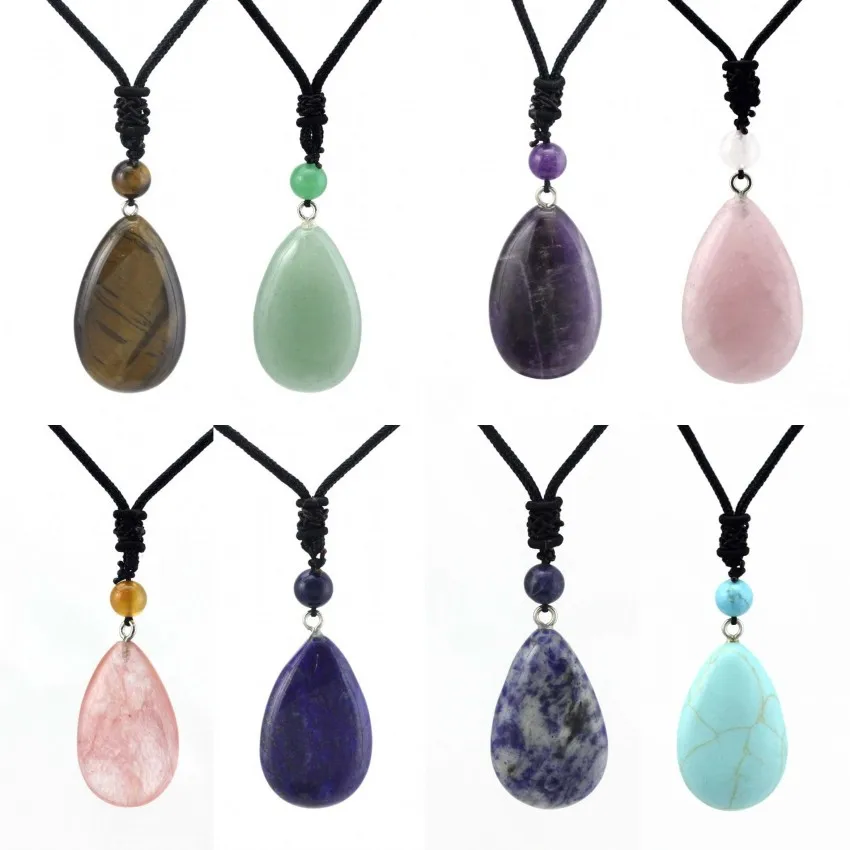 KFT Natural Crystal Quartz Necklace Lapis Lazuli Black Agates Amethysts Waterdrop Stone Pendant Rope Necklace Fashion Jewelry