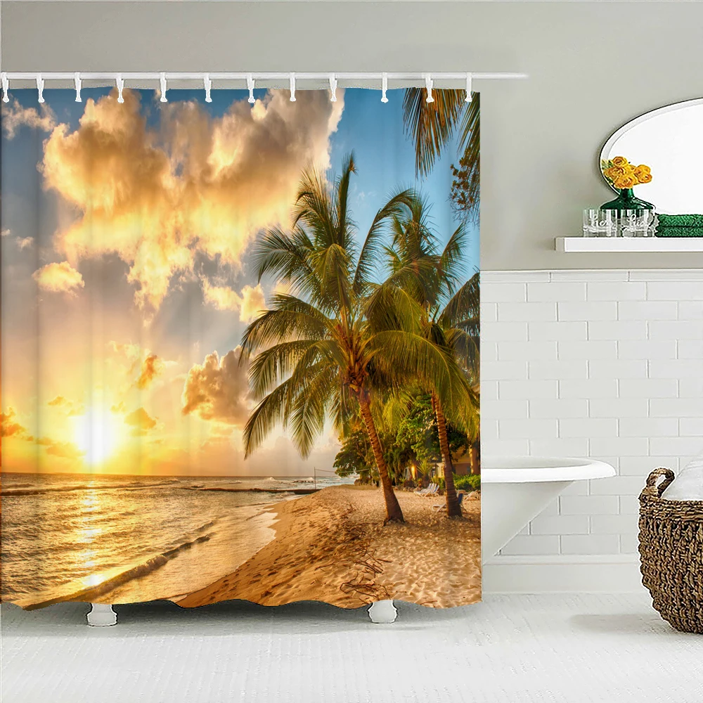 Sunset Dusk Beach Palm Tree Seaside Scenery Fabric Shower Curtain Waterproof Bath Curtains for Bathroom Decorate with 12 Hooks