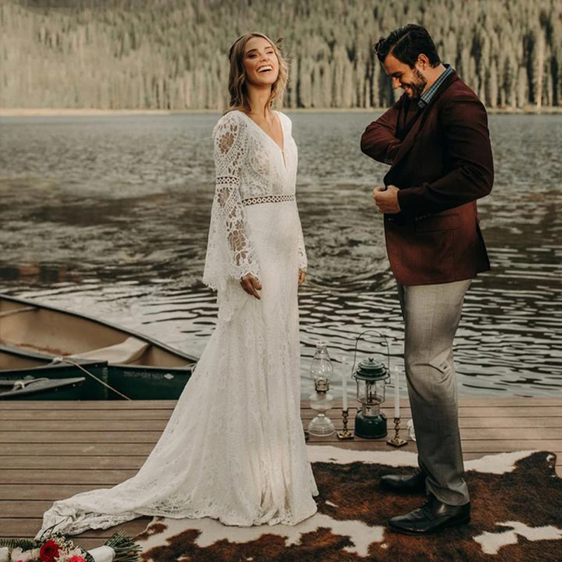 Strand Boho Lange Ärmel Hochzeit Kleid V-ausschnitt Nach Maß Plus Größe Backless 2021 Cut Heraus Spitze Ziel Elopement Braut kleid