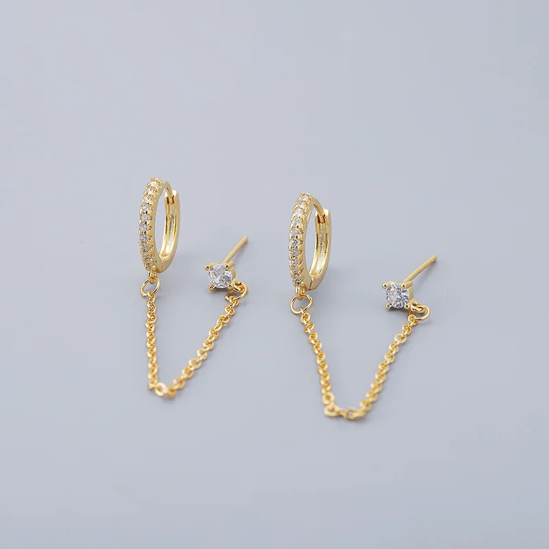 ANENJERY Micro Zircon Double Pierced Hoop Earrings For Women Creative Chain Earrings Party Jewelry