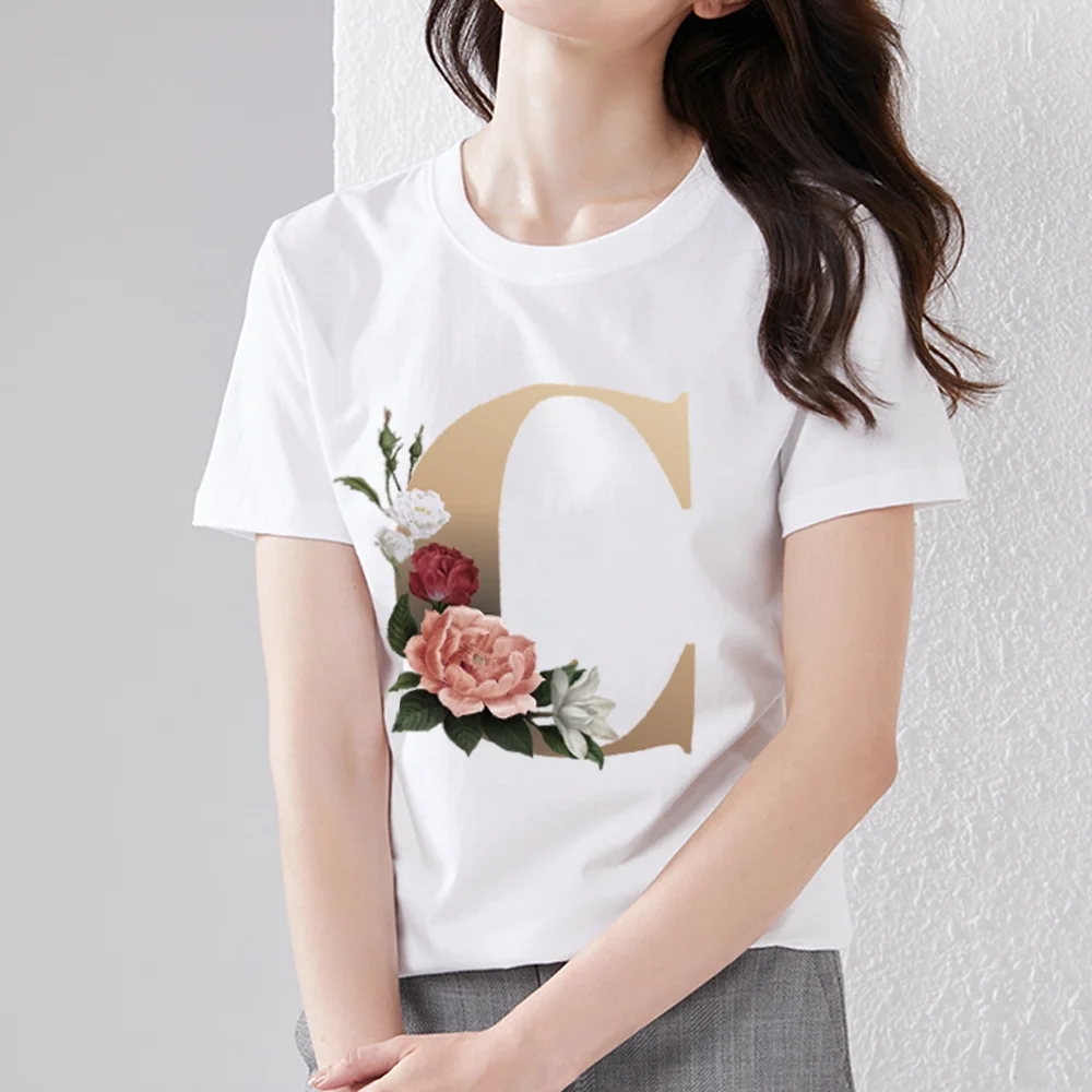 Women's T-shirt Fashion 26 English Golden Flower Letter Printing Simple T-shirt Commuter Wear Comfortable Round Neck Ladies Top