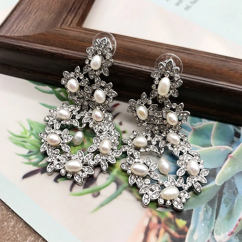 Freshwater Natural Pearl Earrings Stud Luxuries Crystal Bridal Jewelry Statement Vintage Accessories