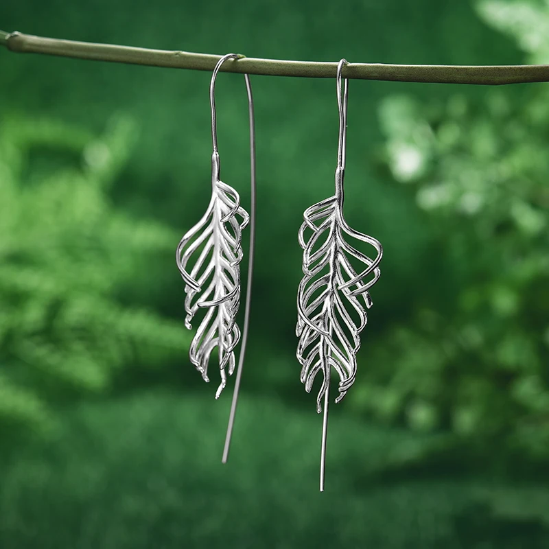 Lotus Fun Fashion Creative Fern Leaves Drop Earrings Real 925 Sterling Silver 18K Gold Earrings for Women Handmade Fine Jewelry