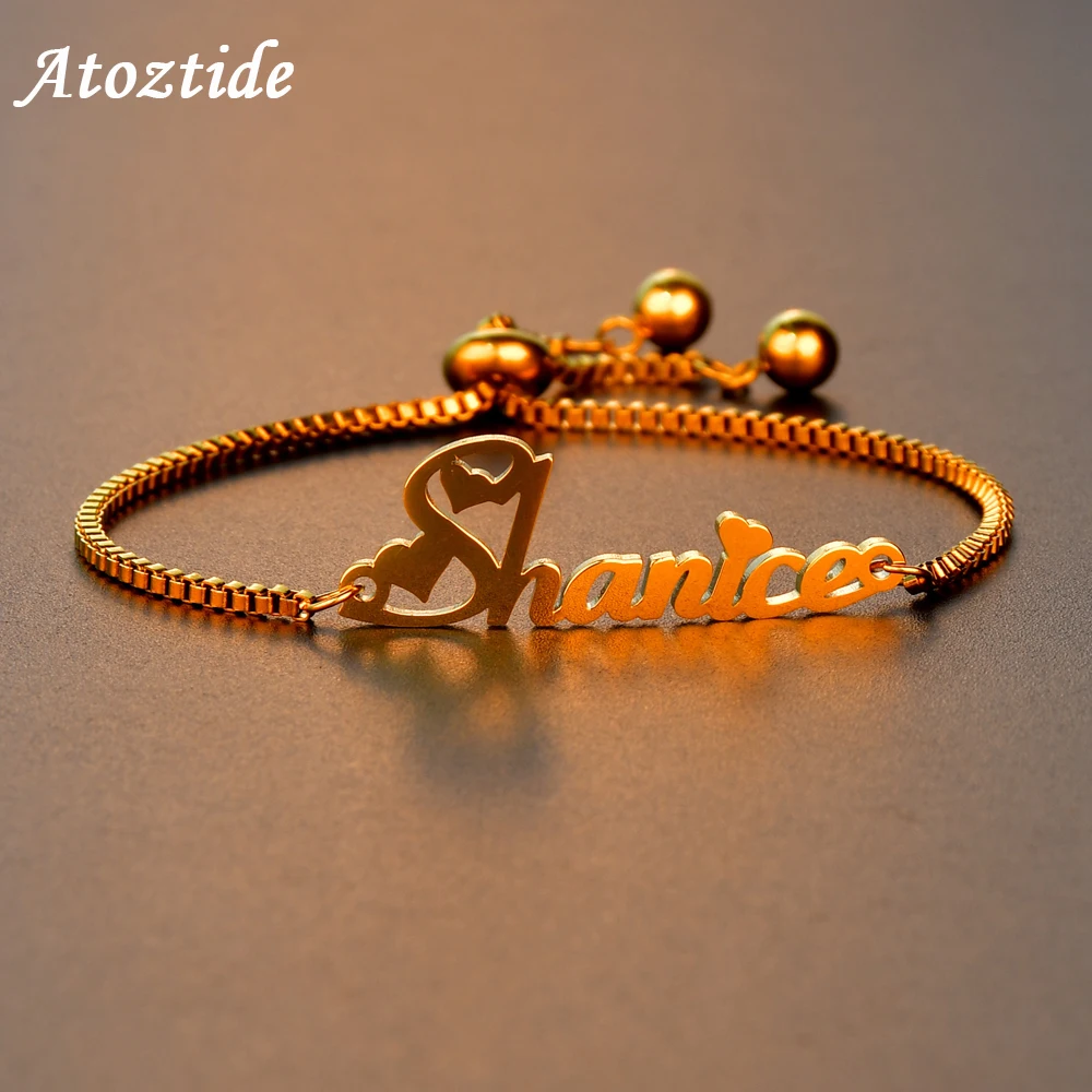 

Atoztide Fashion Personalized Custom Name Bracelet for Women Stainless Steel letter Bracele with Adjustable Chain Wedding Gift