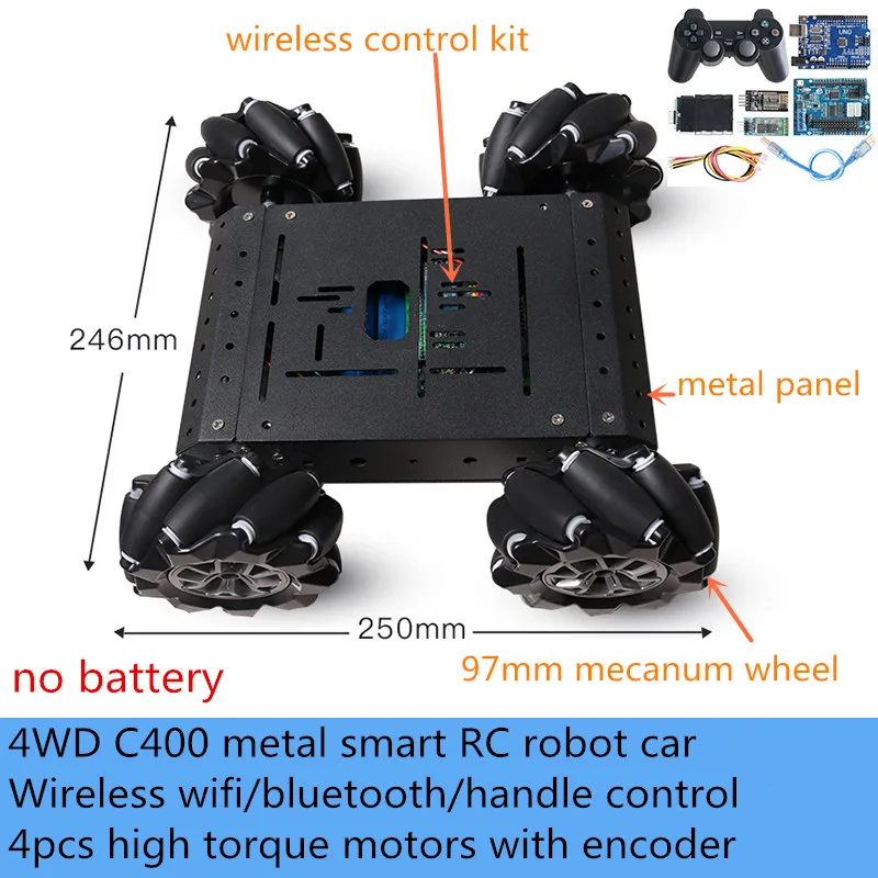 Wireless Wifi/Bluetooth/Handle Control 97mm Mecanum Omni Wheel 4WD C400 Metal Smart RC Robot Car Chassis Kit DIY For Arduino Toy