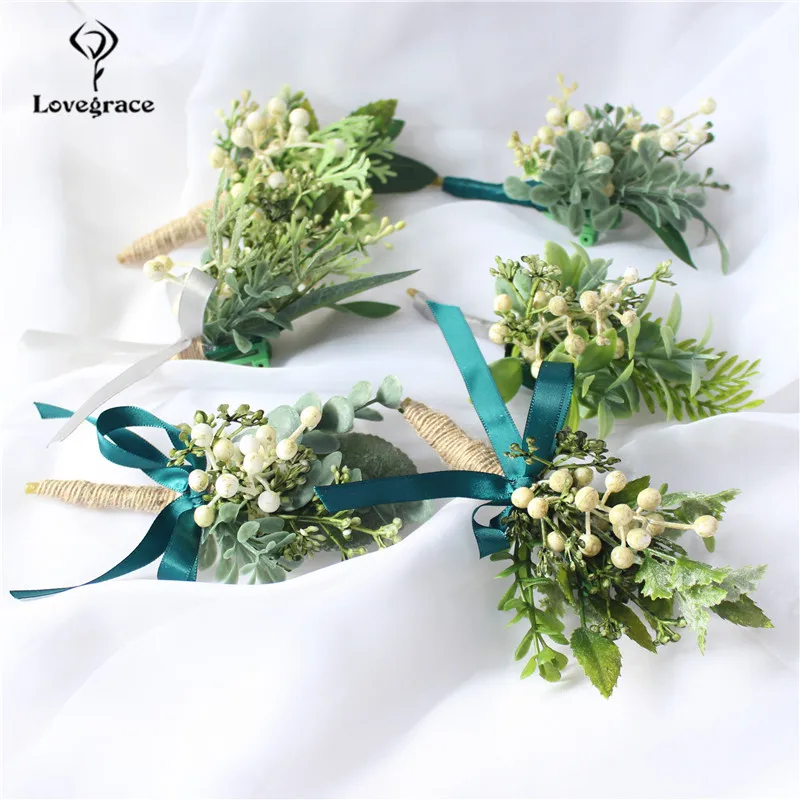 Green Plants Wrist Corsage Bracelet Bridesmaids Plastic Groomsman Boutonniere Wedding Corsages Marriage Wedding Corsage Flowers