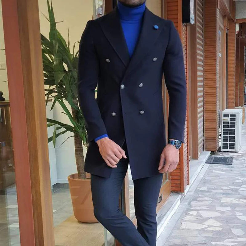 

Navy Woolen Men's Coat Suits Custom Made Thick Double Breasted Wedding Tailored Party Prom Business Blazer Only One Piece