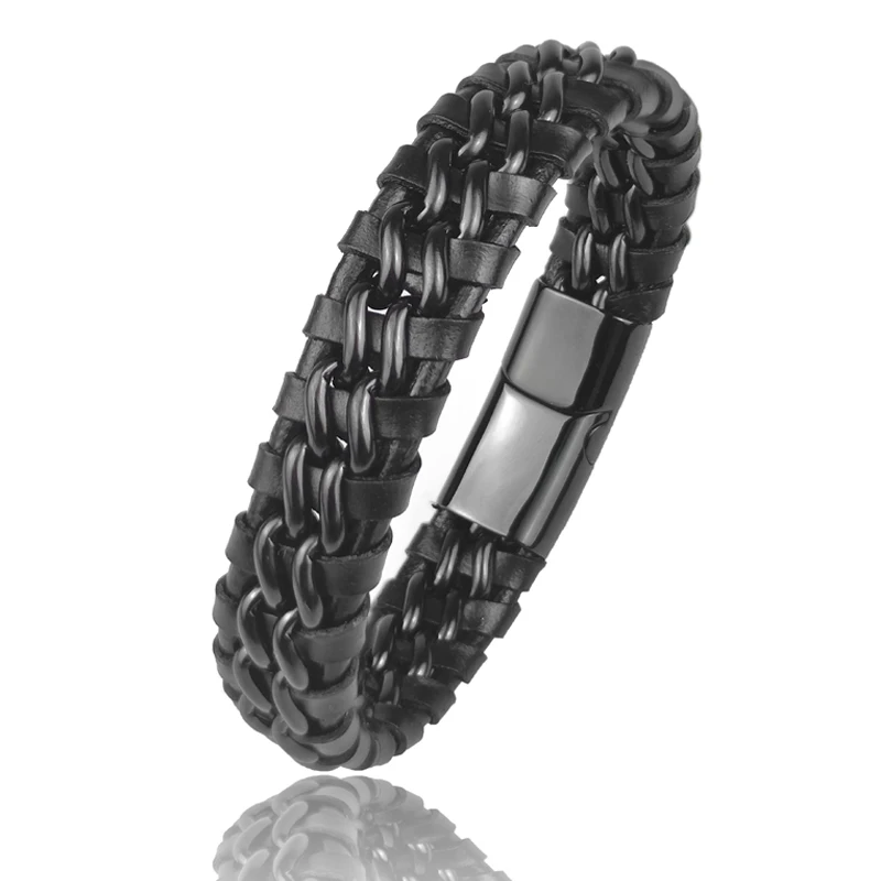 Echtes Leder-Kettenarmband für Herren, magnetischer Edelstahlverschluss in vergoldetem Gold, exklusiver Schmuck, Geschenk, Großhandel
