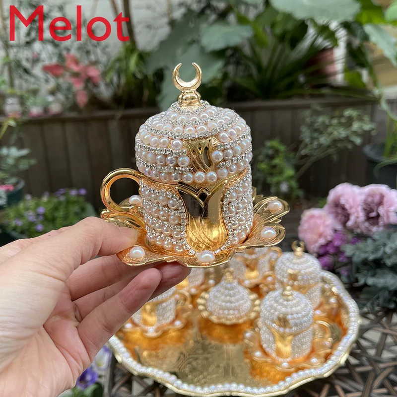 High-End Luxury Pearl Coffee Cup Ceramic Cup Fashion Simple Retro Metal Mug with Tray 14-Piece Set Ceramic Coffee Cup Set