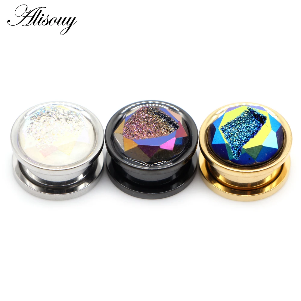 Alisouy 2pcs Stainless Steel Inlay Crystal Bud Ear Tunnels Plugs Flesh Screw Expanders Stretched Earrings Body Piercing Jewelry