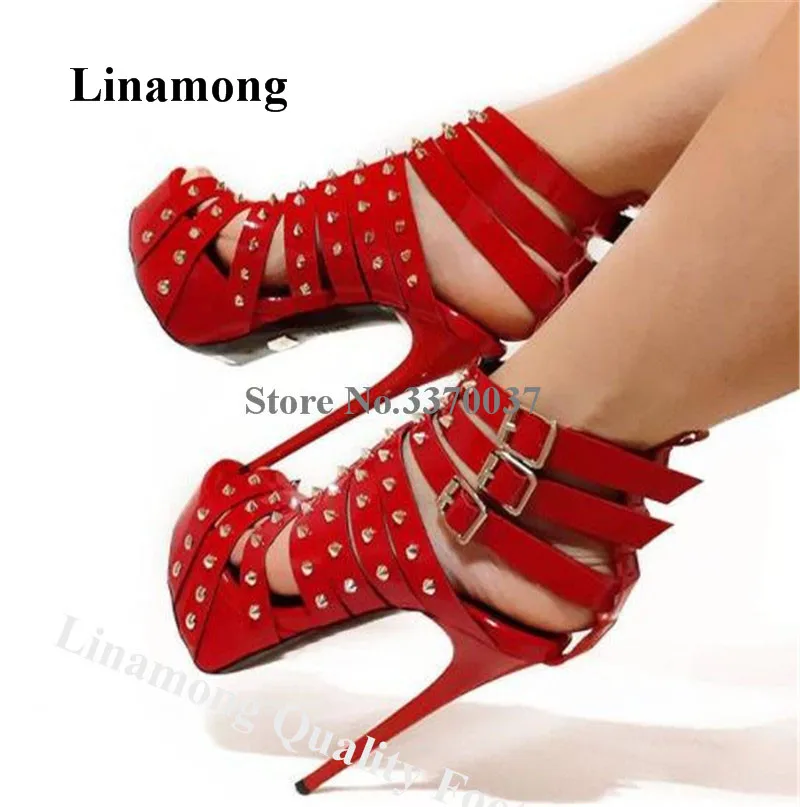 

Linamong Sexy Red Patent Leather Straps High Platform Rivets Gladaitor Sandals Stiletto Heel Studds High Heel Sandals Club Shoes