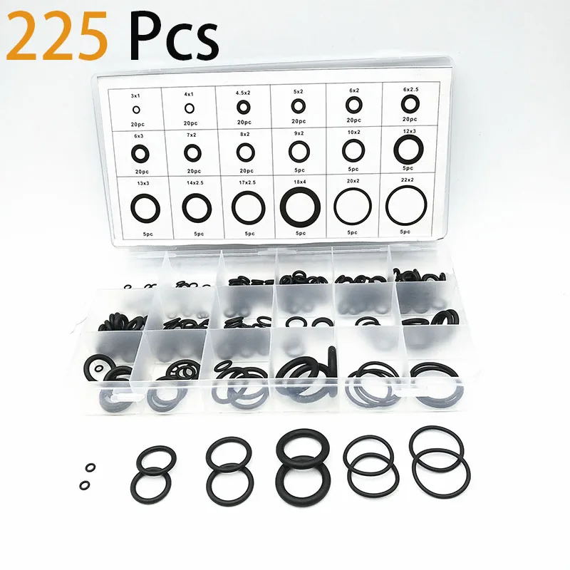 225Pcs 18 Sizes Boxed Nitrile Silicone Rubber Assortment O-ring Seal Gasket Sealing O Rings Car Auto Repair Tools Rubber Kit Set