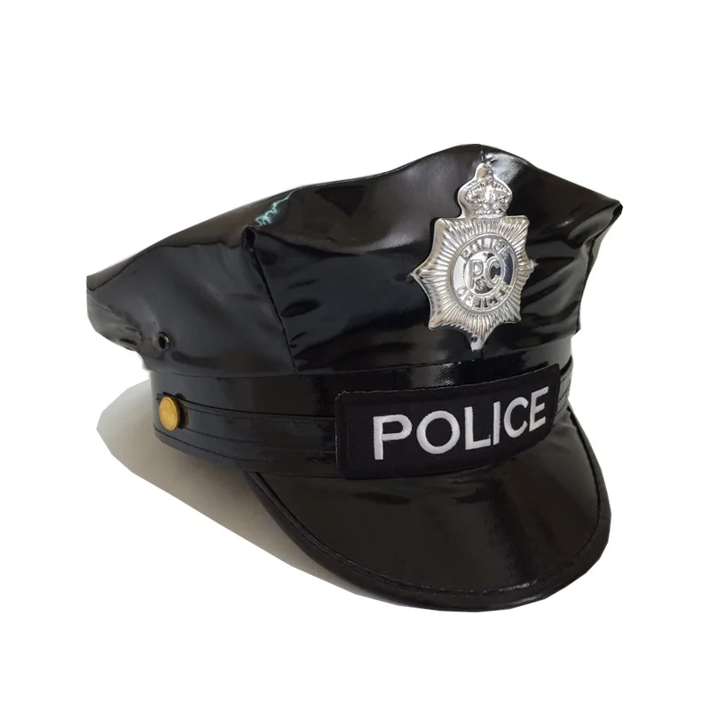 Police Officer Soft Leather Hats Cap Unisex Adult Black Cosplay Party Police Dress Up Hat Accessories Europen and American Style