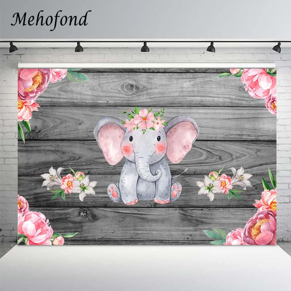 Mehofond Elephant Photography Background Gray Wood Board Pink Flower Girl Baby Shower Birthday Decor Photo Backdrops Photozone