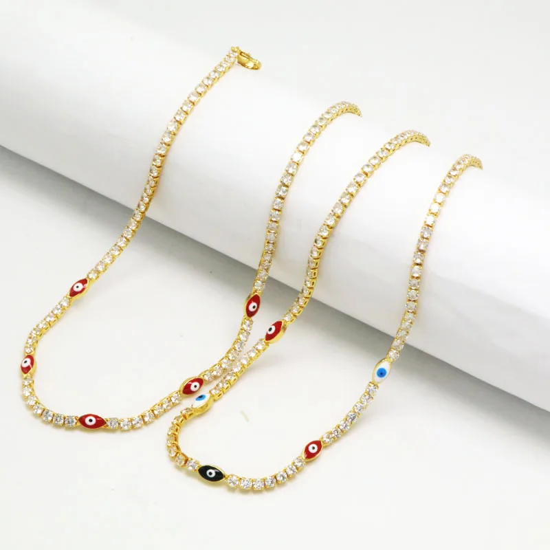 

5 шт., новый золотой цвет, красочная эмалированная подвеска для глаз, теннисная цепочка с фианитом 32 + 5 см, модное женское колье-колье