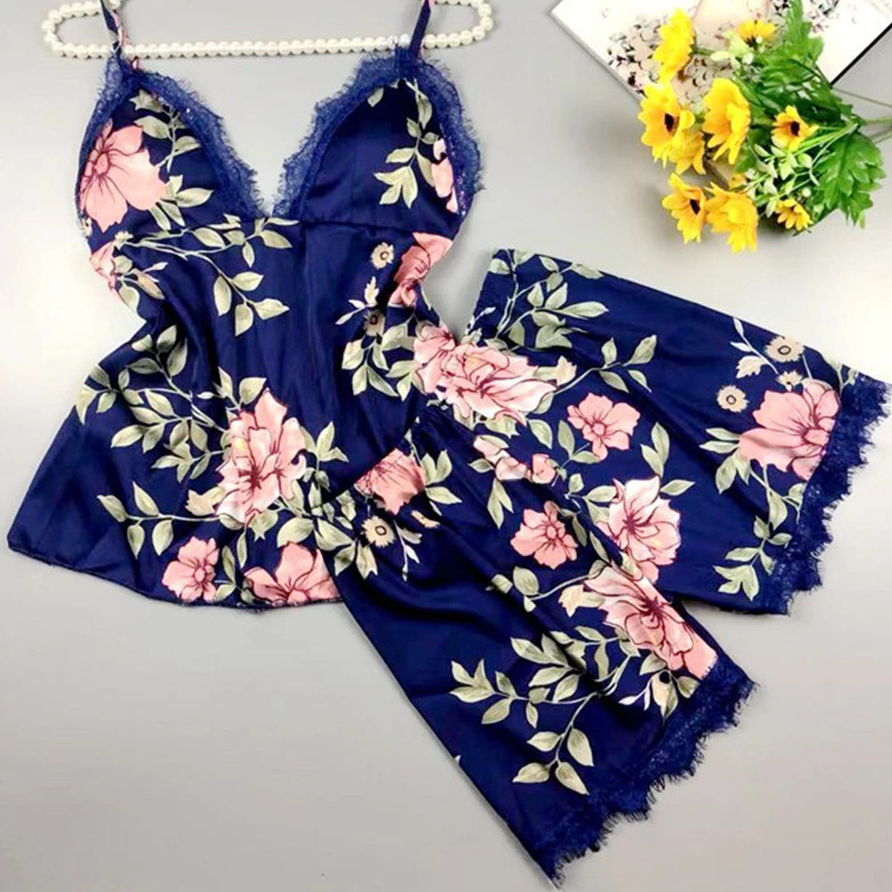 Sexy Women Pajama Set Print Lace Pijamas Kimono Bathrobe+Sleep Tops+Shorts Stain Casual Nightwear Sleepwear Mujer Plus Size