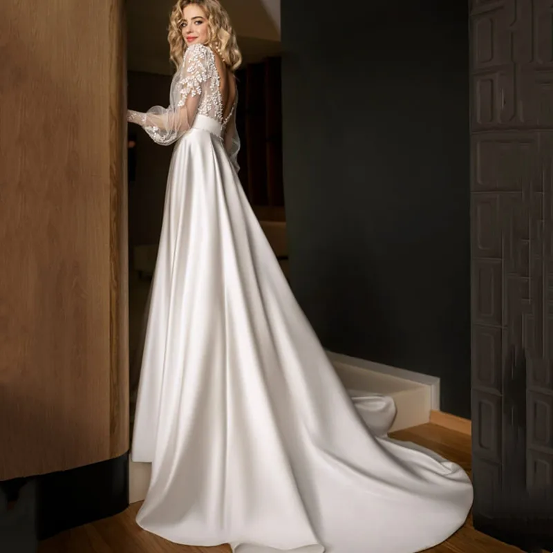 Robe de Mariée en Satin Élégante, Col en V, Ligne A, Perles, Manches sulf, Haut en Dentelle, Dos aux, Style Boho, pour les Patients, 2024