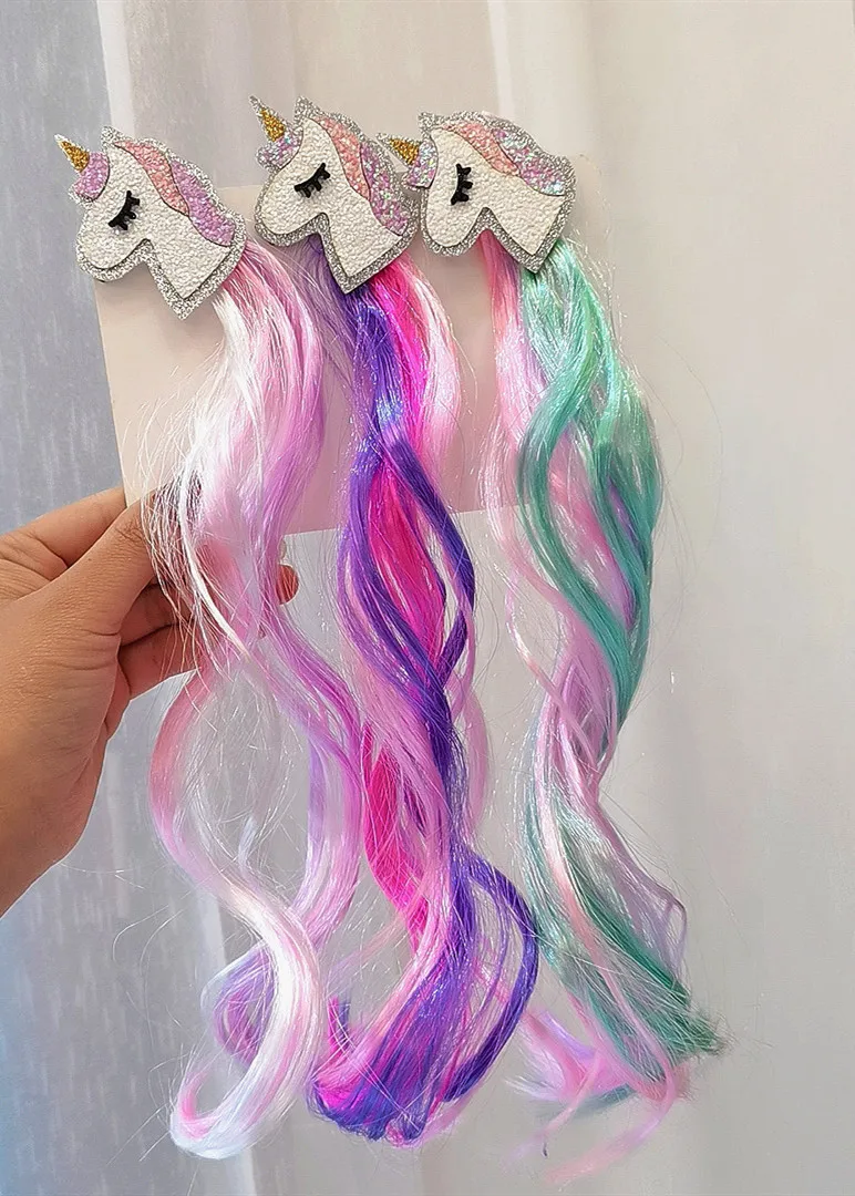 6PCS/lot NEW Children's Princess Super fairy Unicorn bow hairpin colourful braids wig headdress baby girl color wig piece