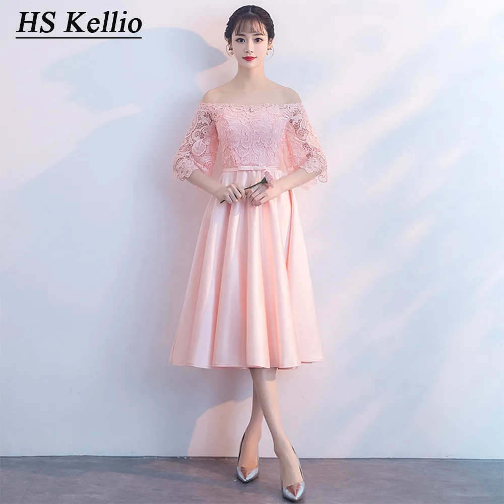 

HS Kellio Bridesmaid Dress Light Pink Quarter Sleeve Women Party Dresses Tea Length