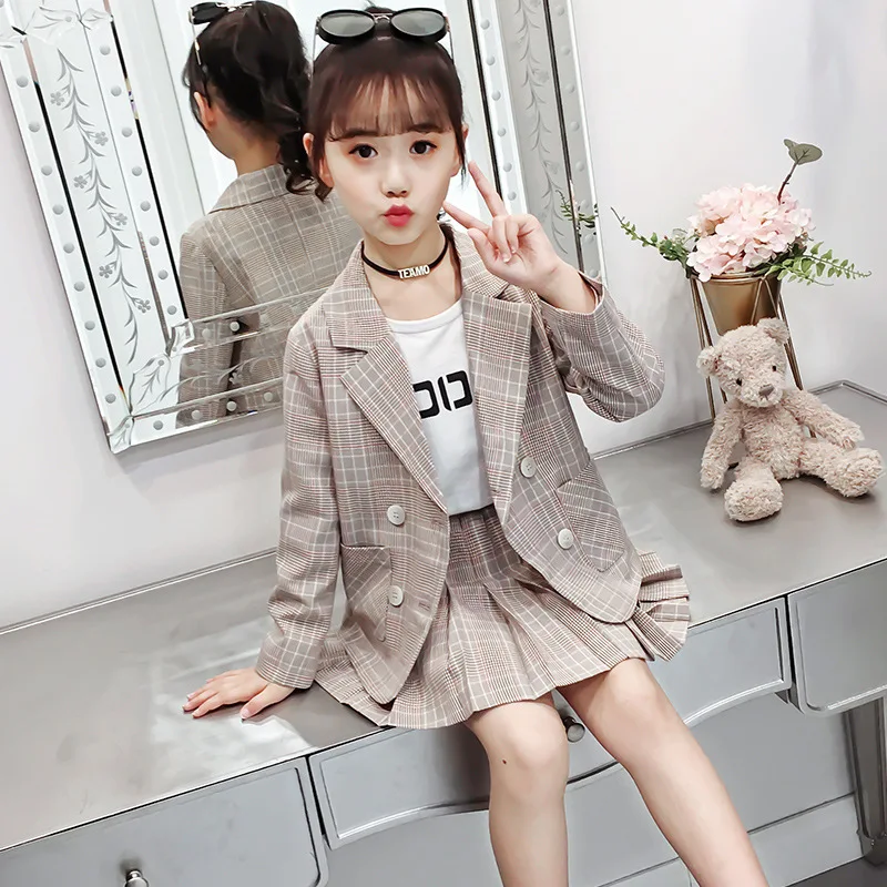 Blazers Suit for Girls Autumn Plaid Jackets Pants Pleated Skirt Two Pieces School Uniform Children Clothes Formal Wear 10 12 Y