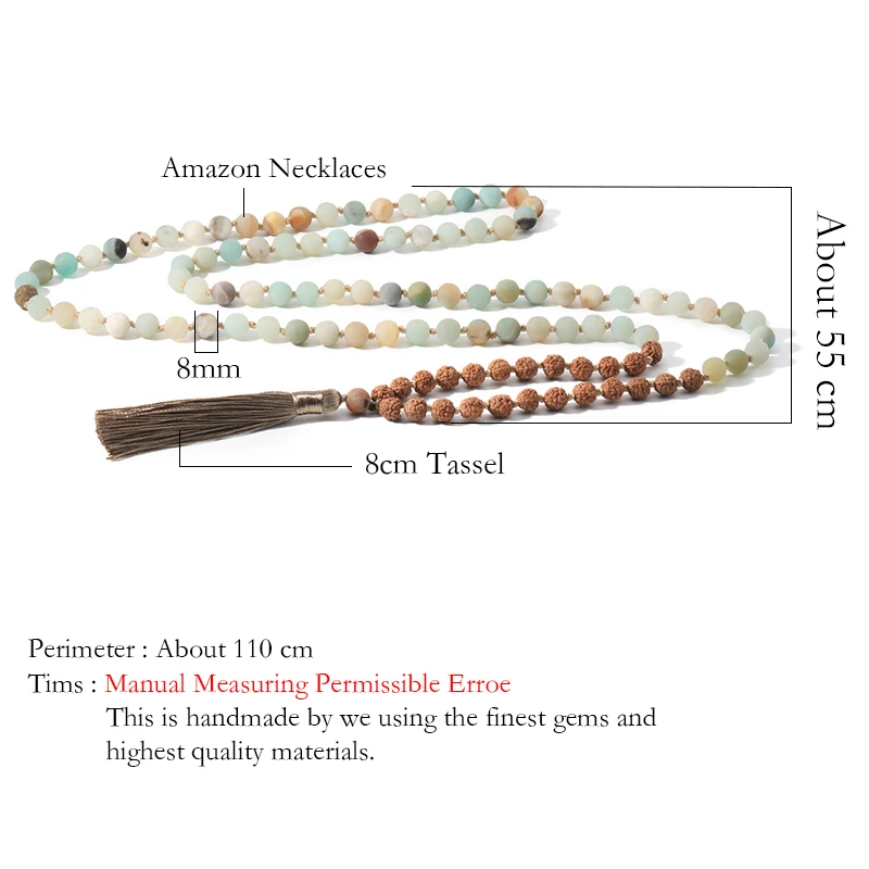 108 Mala Rudraksha & Matte Amazonite Beaded Knotted Necklace Blessing Meditation Yoga Prayer Japamala Jewelry Tassel Pendant