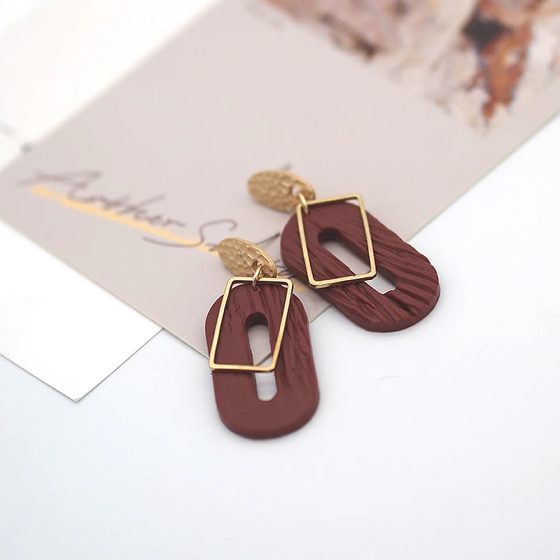 Antique Dark Solid Colors Brass Charm Polymer Clay Elegant Unique Oval Ring Dangle Pendant Statement Earrings Women Jewelry Wood