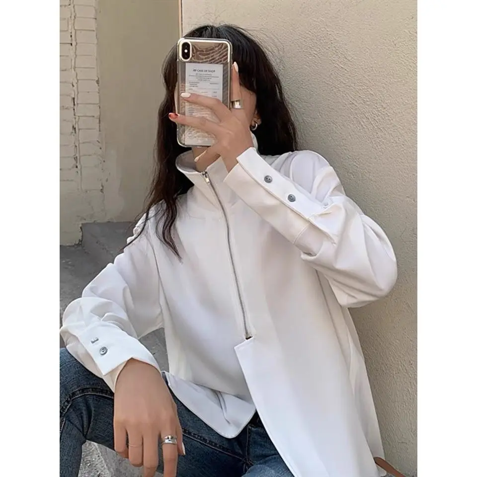 Women Blouse Long Sleeve Stand Collar Zipper Closed Tops Female Solid Color Orignal Design Loose Shirts  Lapel Black White Tops