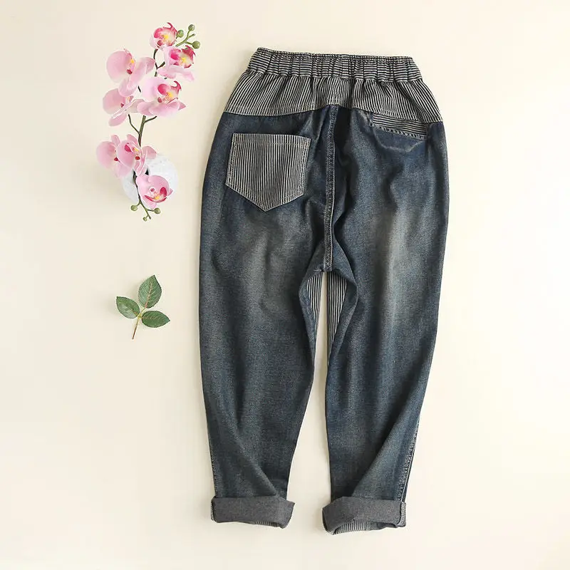 women jeans Striped Stitching Summer Jeans Artistic Loose Capri Harlan Pants Vintage Striated Jeans Woman Ankle-Length Pants