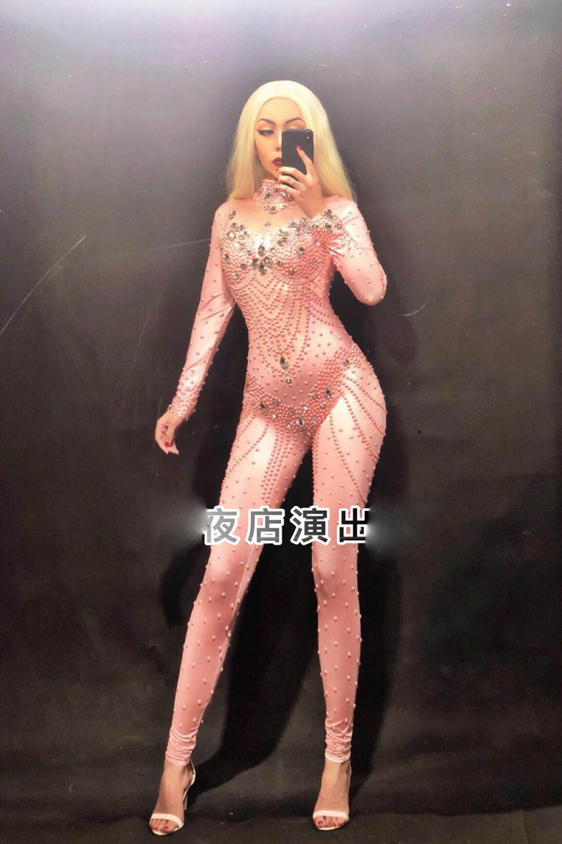 

luxurioussexy bodysuit pink Jumpsuits Crystals Pearls Jumpsuit Bodysuit birthday Nightclub show singer dance Costume