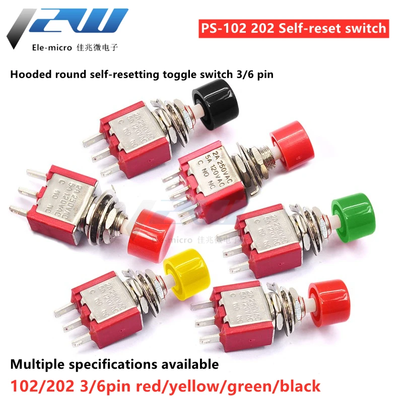 1 PCS Push Button Switch Jog Toggle Switch PS-102 PS-202 Round Self-reset Toggle Switch with Cap 3 Pins/6 Pins Self-reset Switch