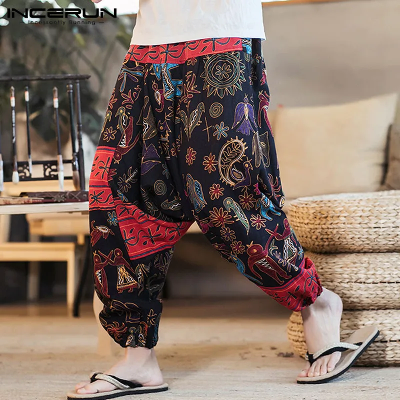 INCERUN 2023 Men Harem Pants Print Retro Drop Crotch Joggers Cotton Trousers Men Baggy Loose Nepal Style Men Casual Pants S-5XL