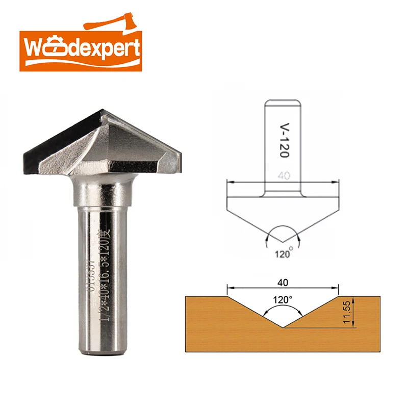 CNC Router Bit V Groove 120 Degrees PCD Carbide Cutting 1/2 Shank for Chamfer End Mill Engraving Woodworking Solid Wood Plywood 