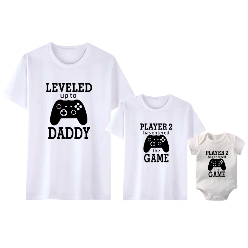 Leveled Up To Daddy Player 2 Has Entered The Game Funny Family Matching Clothes Cotton Daddy and Me Tshirt Father\'s Day Gift