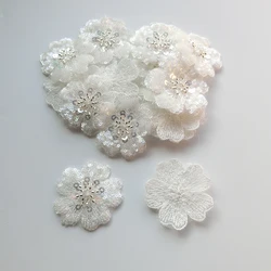 30Pcs Sequined Lace 3D White Flower Patches Beaded Appliqued DIY Craft Sewing Sew-On Wedding Dress Christmas Decoration 4.5cm