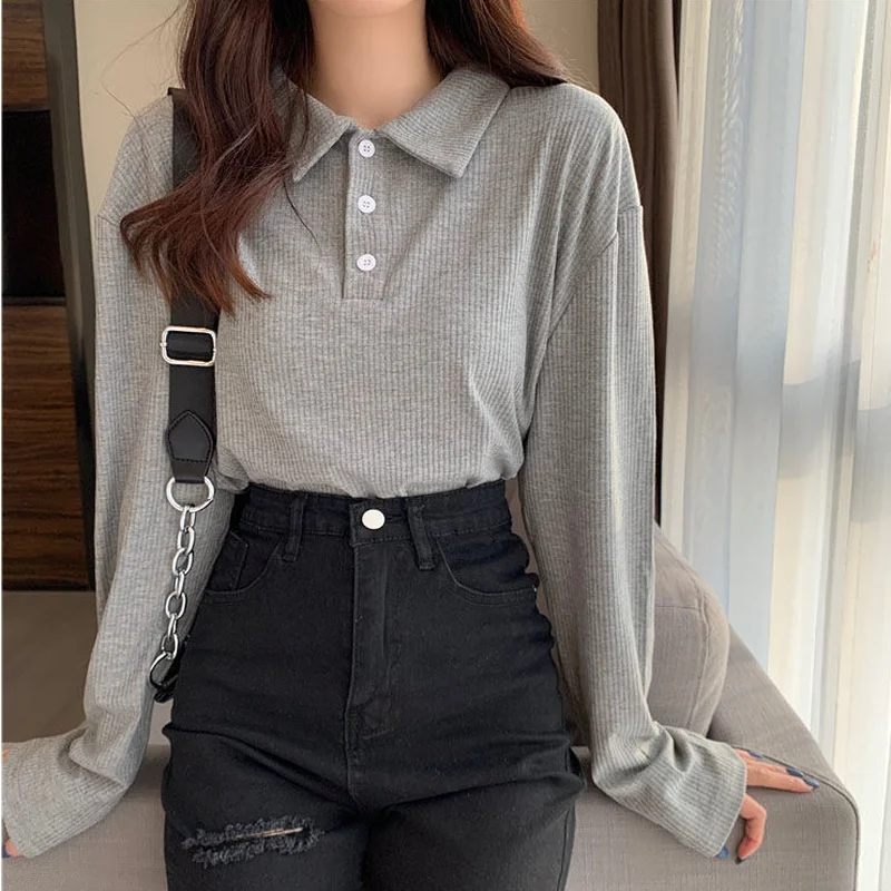 T-shirts Women Simple Korean Preppy Style Maiden Long Sleeve Turn-down Collar Buttons Solid Color Tops Ulzzang Inside Retro Tee