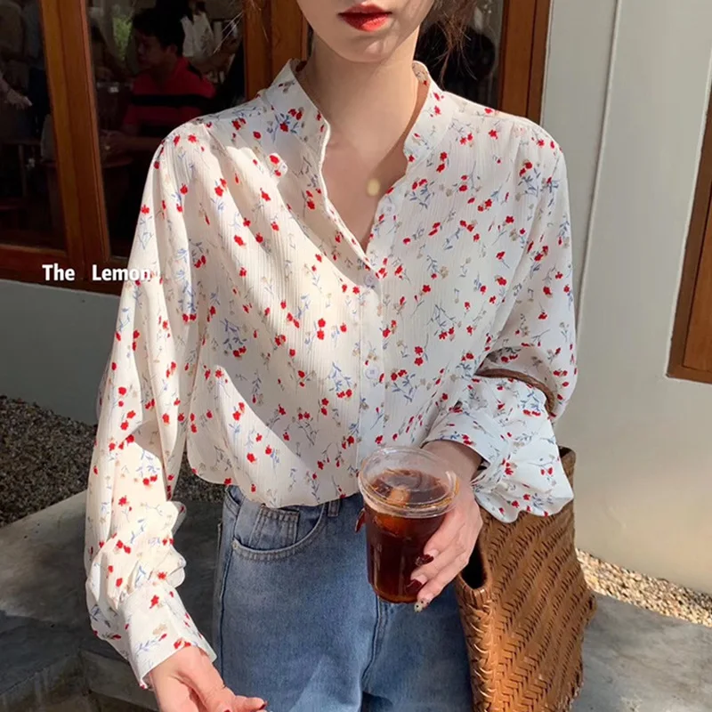 Women's Floral Printing O Neck Shirt Single Breasted Loose Leisure Long Sleeve Chiffon Blouse