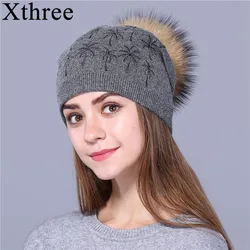 Xthree Cappello di Inverno delle Donne di Cashmere Berretti Cappello per Le Donne Gorros Lana Lavorato A Maglia Cappello di pelliccia vera pelliccia pom pom cappello Femminile cappelli Per La Ragazza