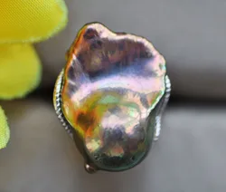 P7586 25mm Peacock-Black Baroque Reborn Keshi Pearl Ring